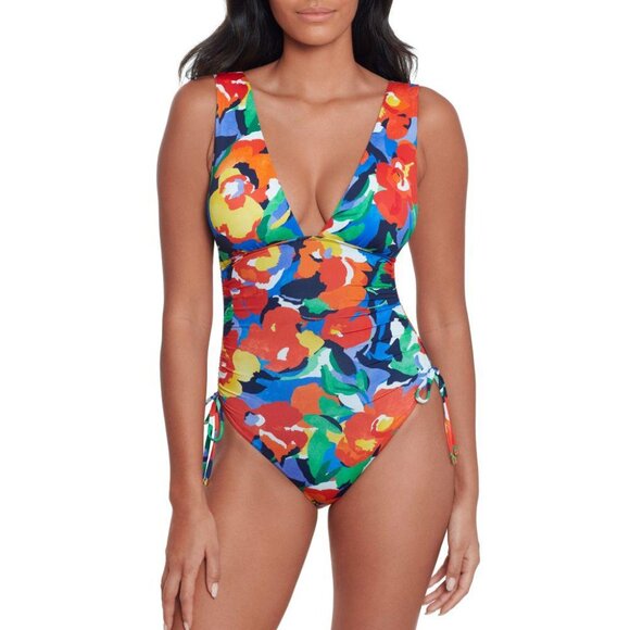 Lauren Ralph Lauren Womens Shirred Plunge-Neck On Bold Abstract 8 - Picture 1 of 5